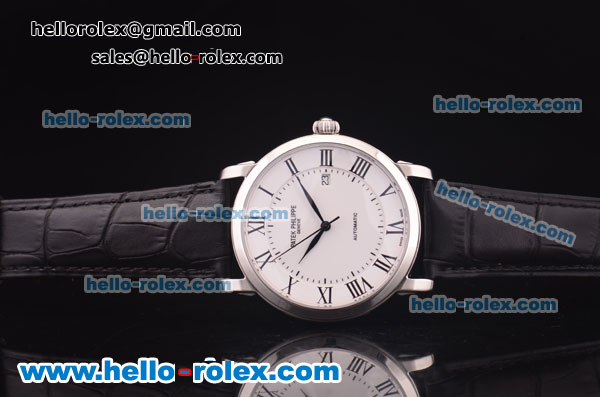 Patek Philippe Swiss ETA 2836 Automatic Steel Case with White Dial and Black Leather Strap - Click Image to Close